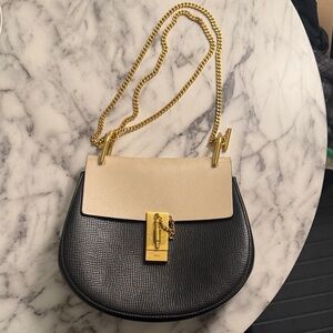 Chloe Medium Size Drew Crossbody in Black and Cream with Gold Chain